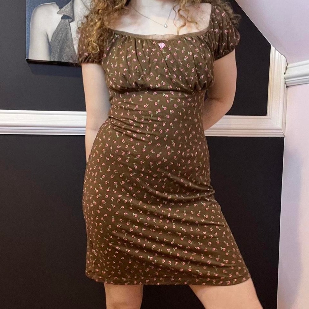y2k brown floral milkmaid mini dress xs